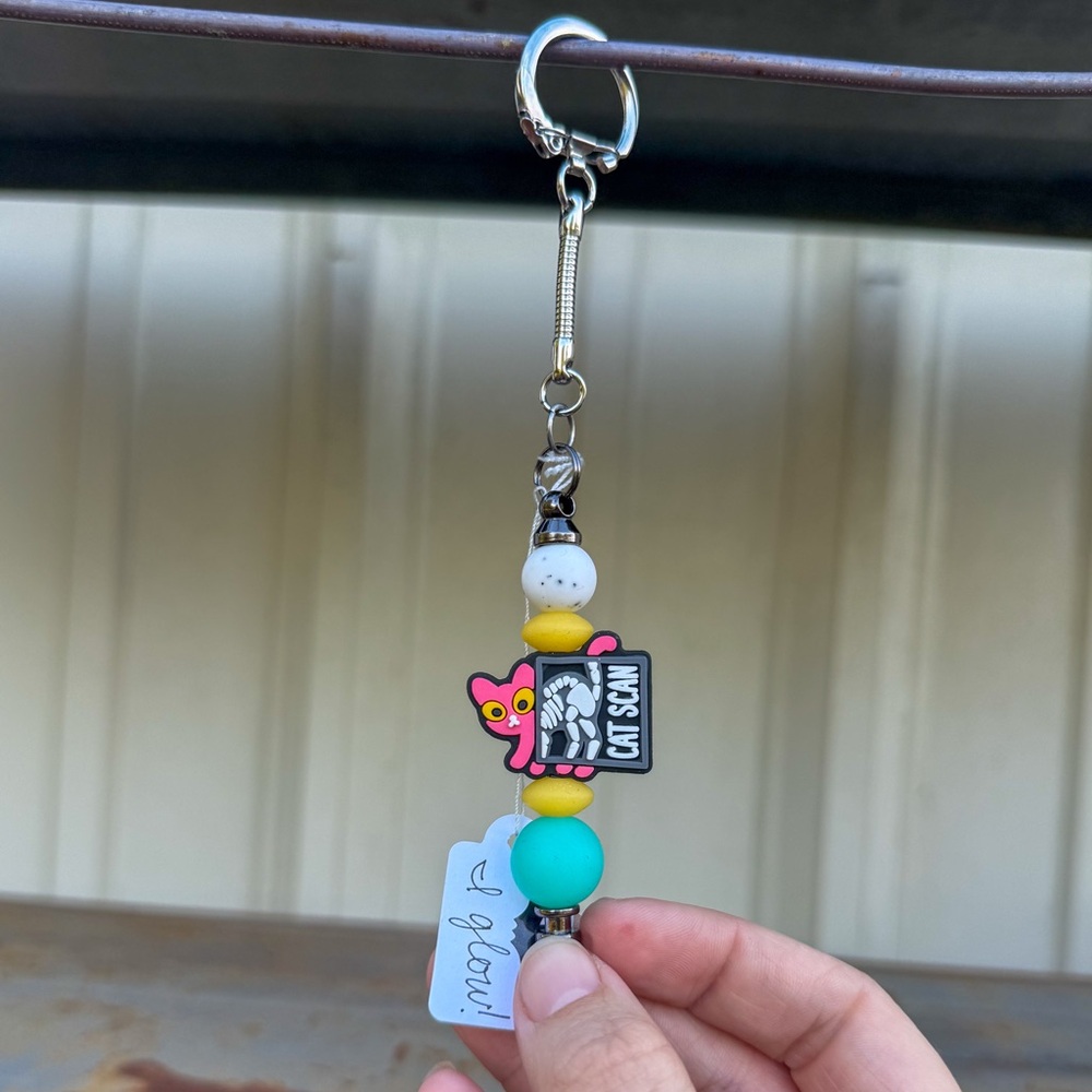 Colorful Beaded Keychain with Cat Scan Charm (some beads glow in the dark)